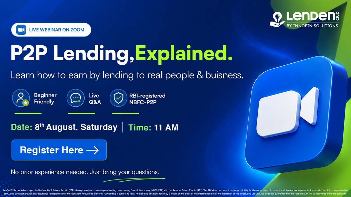 LenDenClub's tweet photo. Join our LIVE webinar and learn how P2P lending can become a part of your financial journey.
🔗 Register now and reserve your spot: https://t.co/n6qu5auyQ7
📅 Date: 8 August 2026, Saturday
🕚 Time: 11:00 AM IST
📍 Platform: Zoom Webinar
#LenDenClub #P2PLending #FinancialLiteracy #WealthDiversification #PersonalFinance #Fintech #LiveWebinar #FinancialEducation
