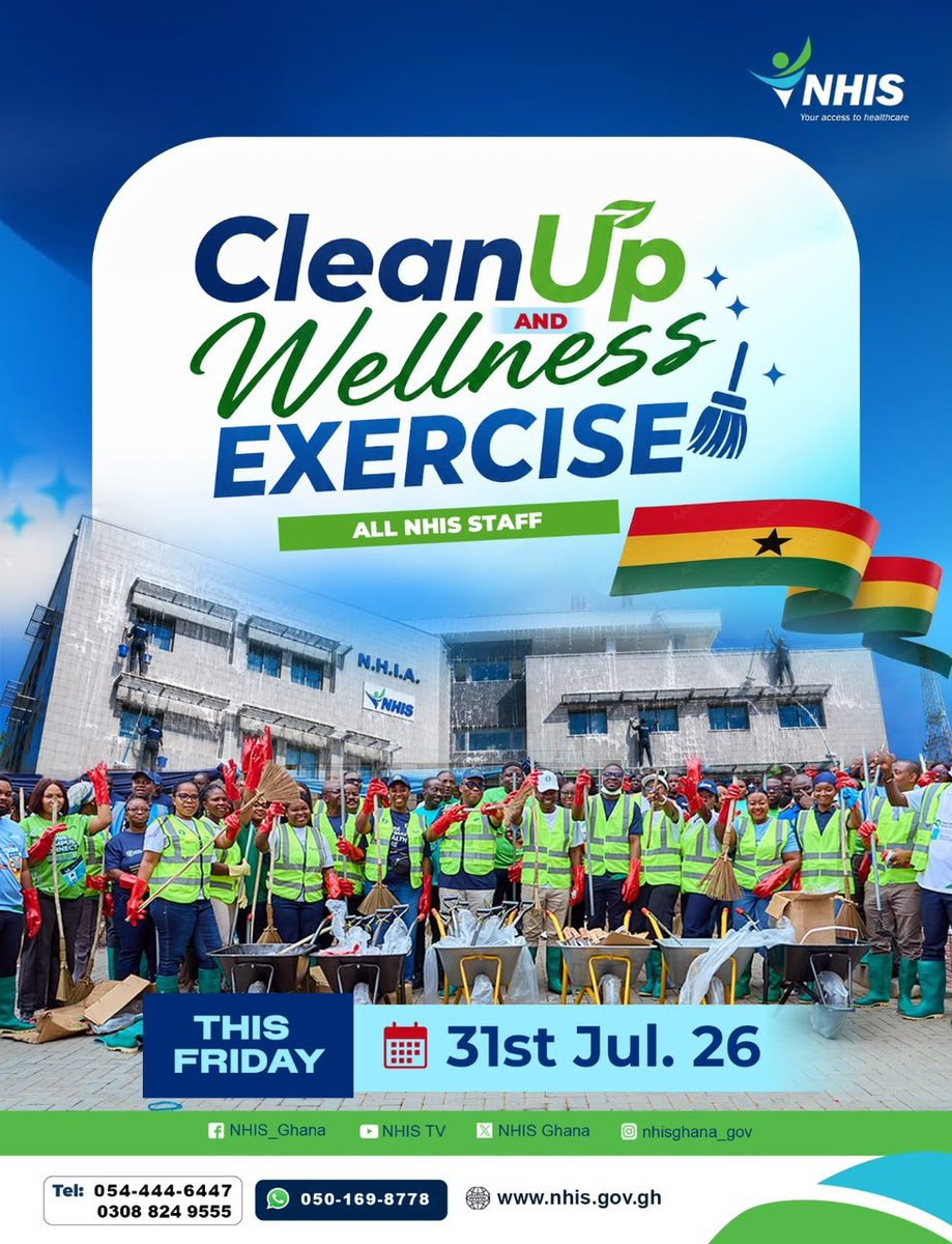 NHIS_Ghana's tweet photo. We’re stepping out of the office and getting our hands dirty!

This Friday, 31st July, NHIS staff will come together for our Clean Up and Wellness Exercise.

A clean environment, a little exercise and some teamwork, nothing better than starting the weekend on a healthy note. 🙌🏾

Clean surroundings. Active staff. Healthier NHIS.