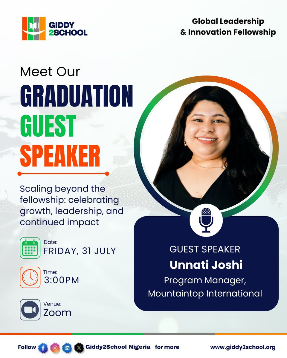 Giddy2School's tweet photo. 🎙️ Meet our Graduation Speaker!

We're excited to welcome Unnati Joshi, Programs Manager at Mountaintop International and a member of the 2026 #GGLF Faculty, as she joins us to celebrate the achievements of our graduating fellows.

See you at the Graduation Ceremony! 🎓 https://t.co/tzELv0MQcF