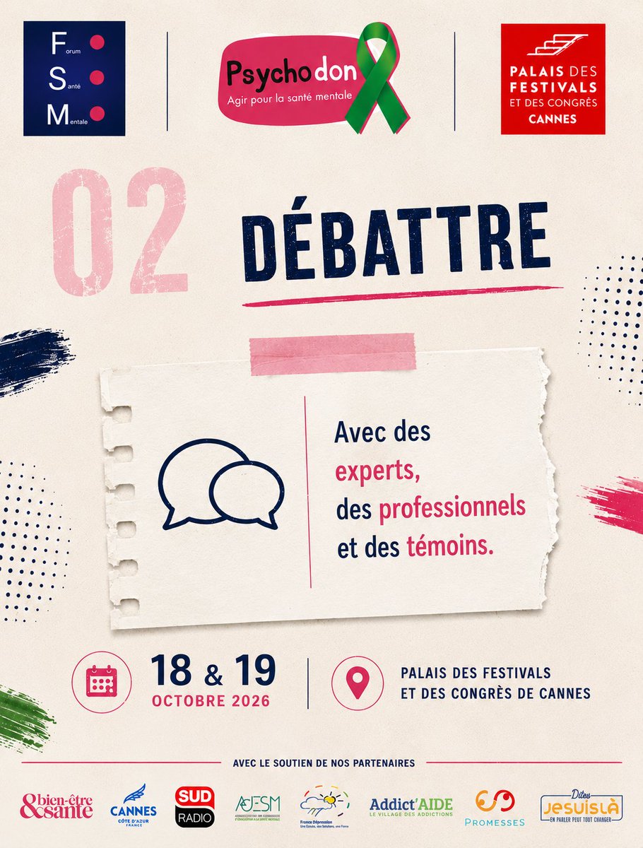 Le_Psychodon's tweet photo. 💡 Pourquoi participer au Forum de la Santé Mentale ?

Retrouvez le programme complet et toutes les informations sur  ⁠https://t.co/zqRdrAFTX9

@CannesPalais @sudradio @Uniopss @ADESM_fr @FranceDpression @Addict_Aide @dmeillerand 
#ForumDeLaSantéMentale #Psychodon #SantéMentale https://t.co/QfbiOdpSRY