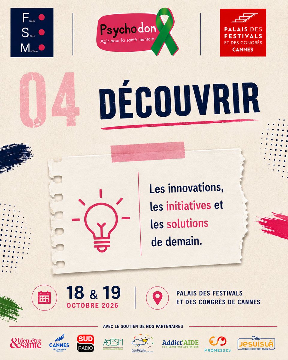 Le_Psychodon's tweet photo. 💡 Pourquoi participer au Forum de la Santé Mentale ?

Retrouvez le programme complet et toutes les informations sur  ⁠https://t.co/zqRdrAFTX9

@CannesPalais @sudradio @Uniopss @ADESM_fr @FranceDpression @Addict_Aide @dmeillerand 
#ForumDeLaSantéMentale #Psychodon #SantéMentale https://t.co/QfbiOdpSRY