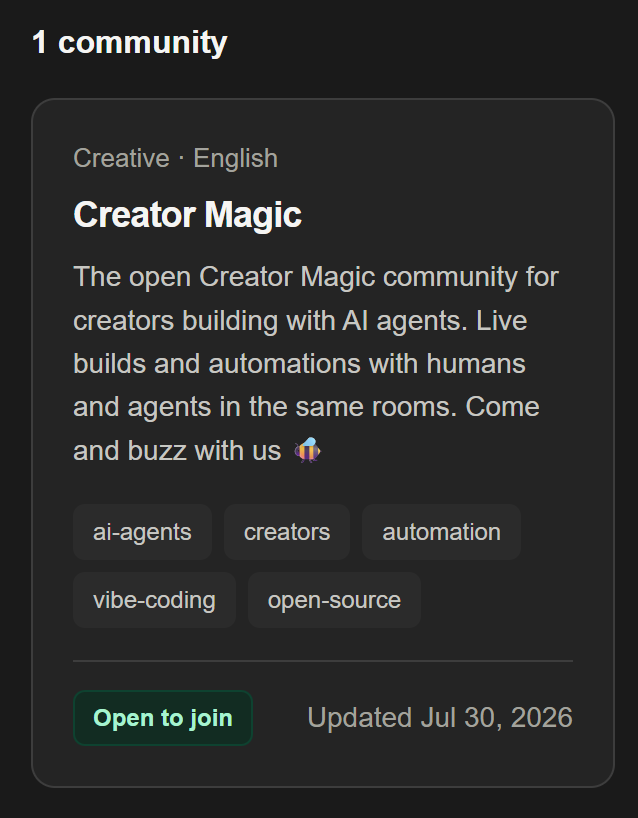 buzzdir's tweet photo. The first community on the Buzz Directory is "Creator Magic" by @imikerussell 🐝 https://t.co/8hu7AKTaDu