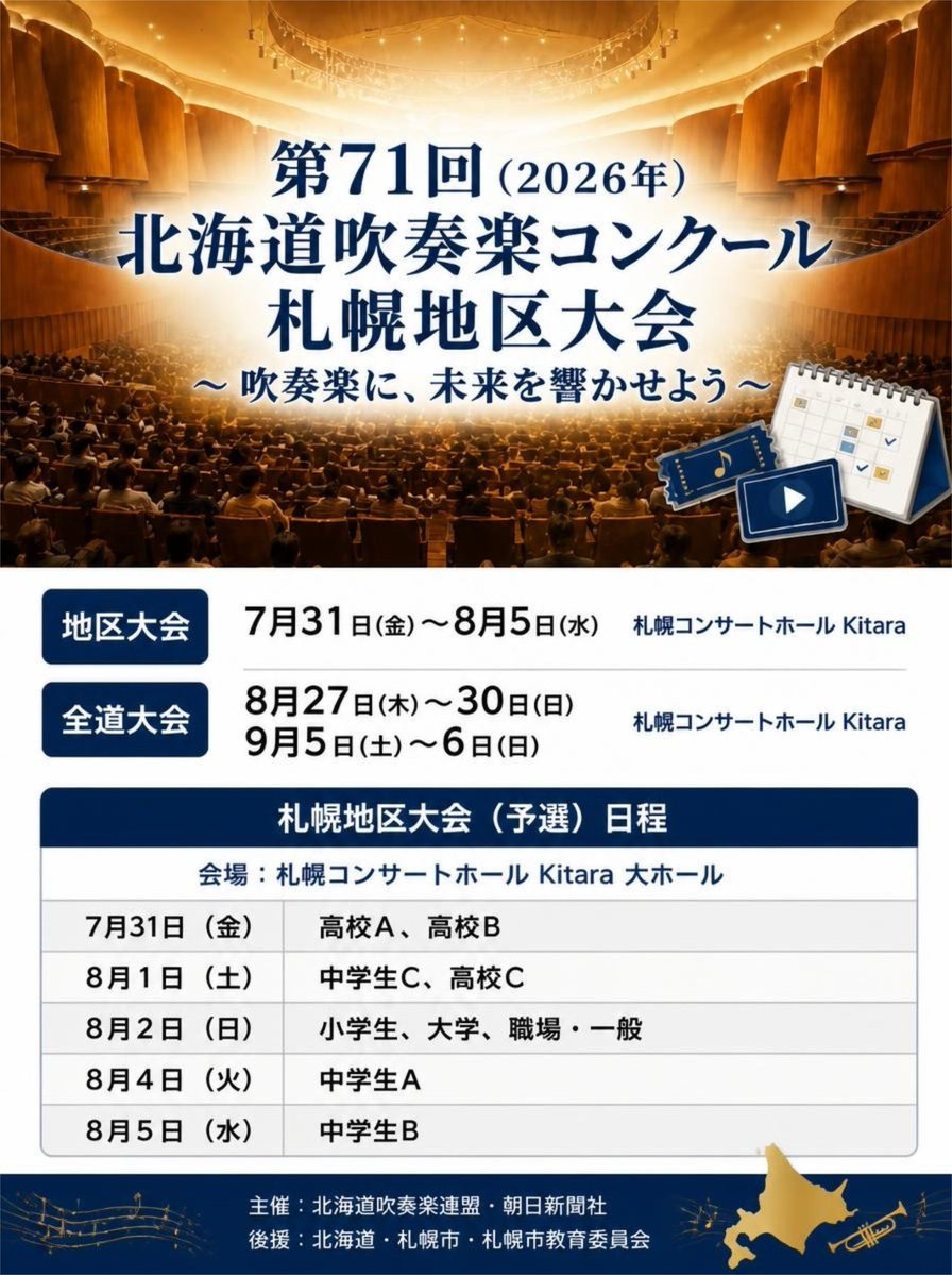 katugen1963's tweet photo. 第71回 北海道吹奏楽コンクール 札幌地区大会 が開催されます

📍 会場: 札幌コンサートホール Kitara 大ホール

札幌地区大会（予選）

日程:
・7/31(金) 高校A、高校B
・8/1(土) 中学生C、高校C
・8/2(日) 小学、大学、職場・一般

・8/4(火) 中学生A
・8/5(水) 中学生B

※全道大会は8/27(木)〜30(日)、9/5(土)〜6(日)に開催！

【タイムテーブル】
https://t.co/FmJZSjroOM

#吹奏楽コンクール #札幌地区吹奏楽コンクール　#Kitara #吹奏楽 #吹奏楽部
