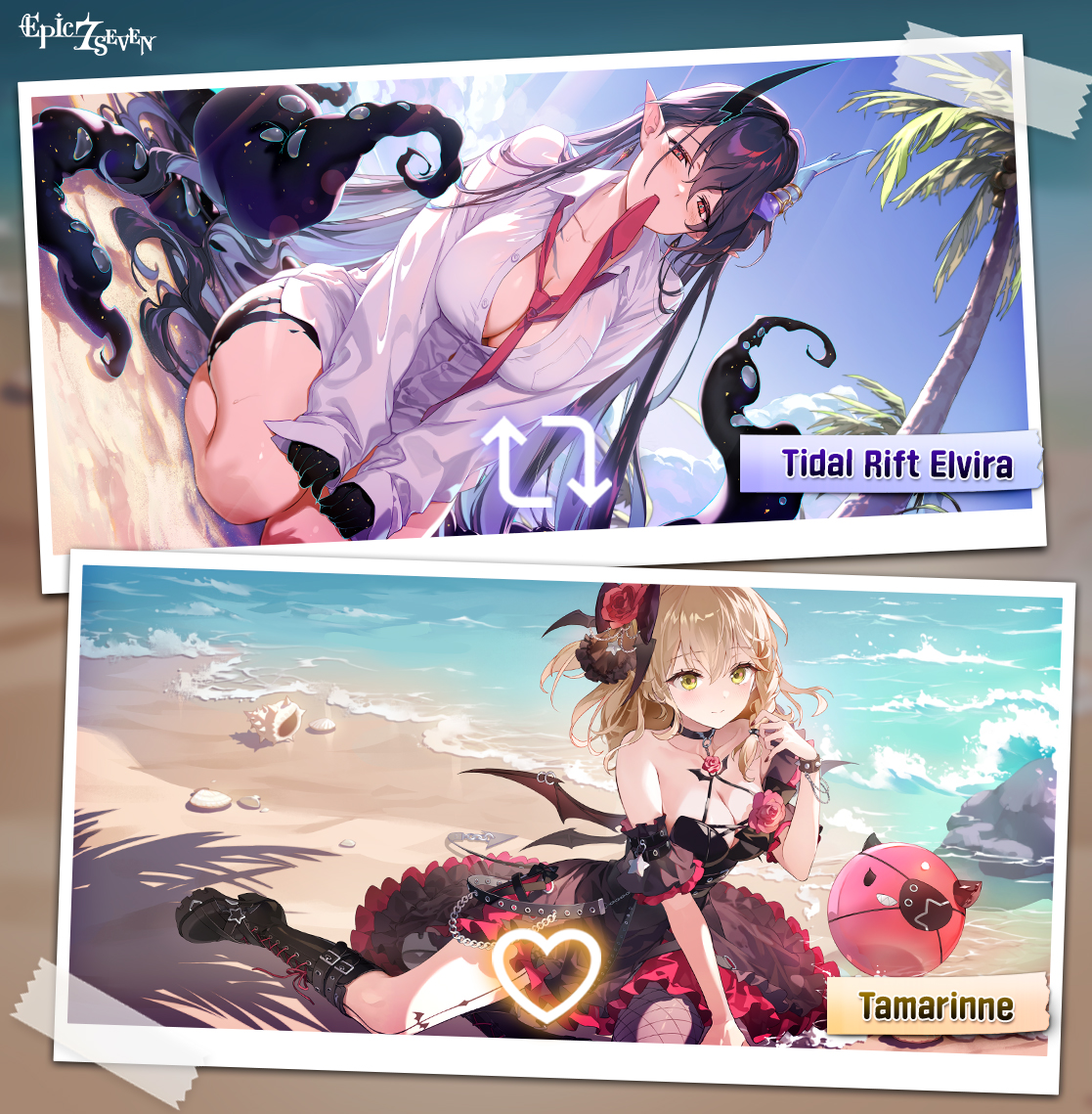 Epic7_Global's tweet photo. 🌊Secret Summer! #6🌊 

Which Hero would you like to spend the summer with at the beach?

Vote for the Hero you’d like to share a special summer with!

／
Teach Tidal Rift Elvira How to Tie a Necktie → Repost (RT)
Play Beach Volleyball with Tamarinne → ♥️
＼

We look forward to your participation!

#EpicSeven