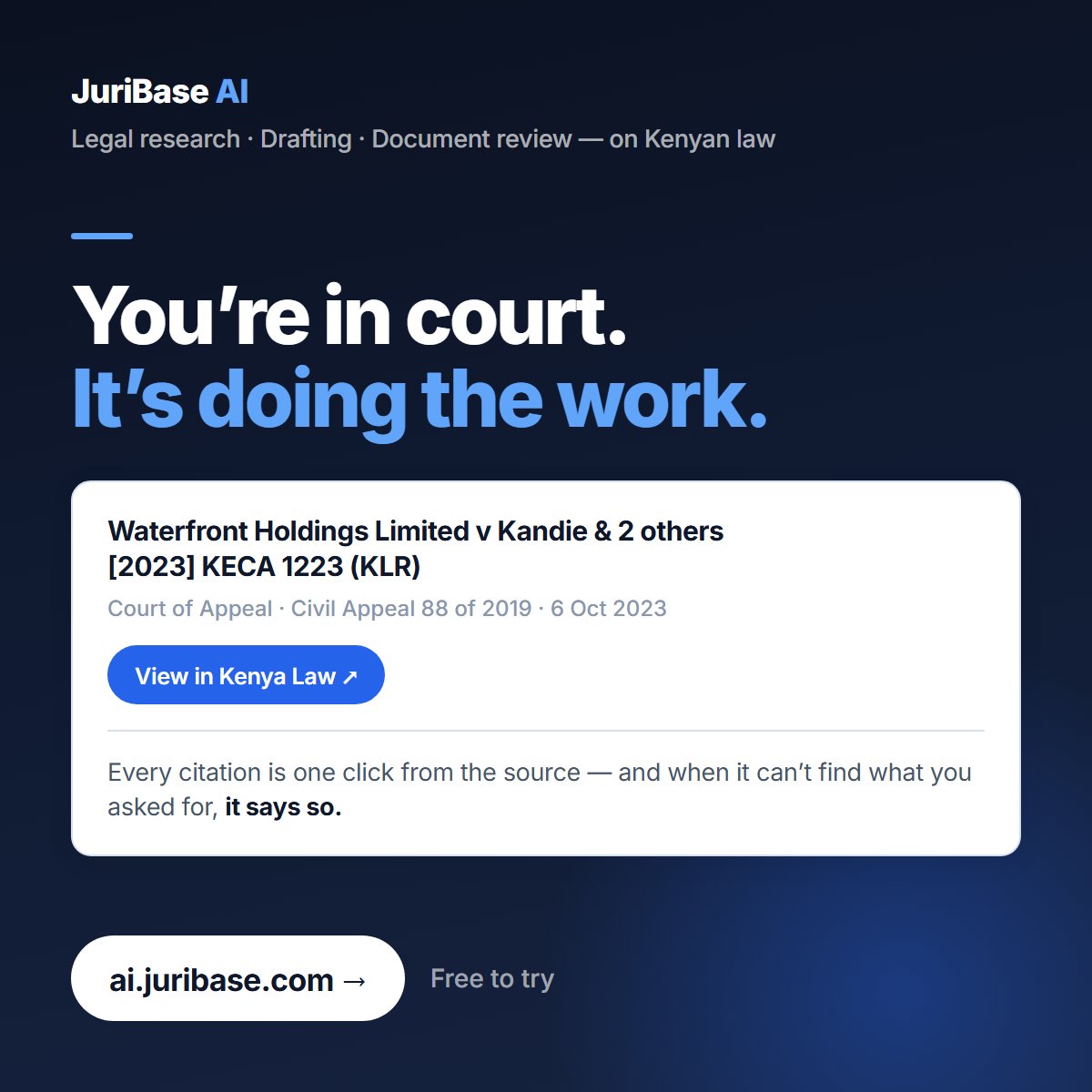 juribase_ai's tweet photo. JuriBase AI — an AI legal assistant for Kenyan advocates.
Brief it on your matter, close the tab, it emails you the
research or the draft. Every citation one click from Kenya Law.
Free to try: https://t.co/6omQ71zjqZ https://t.co/9g3K9ZzMUj