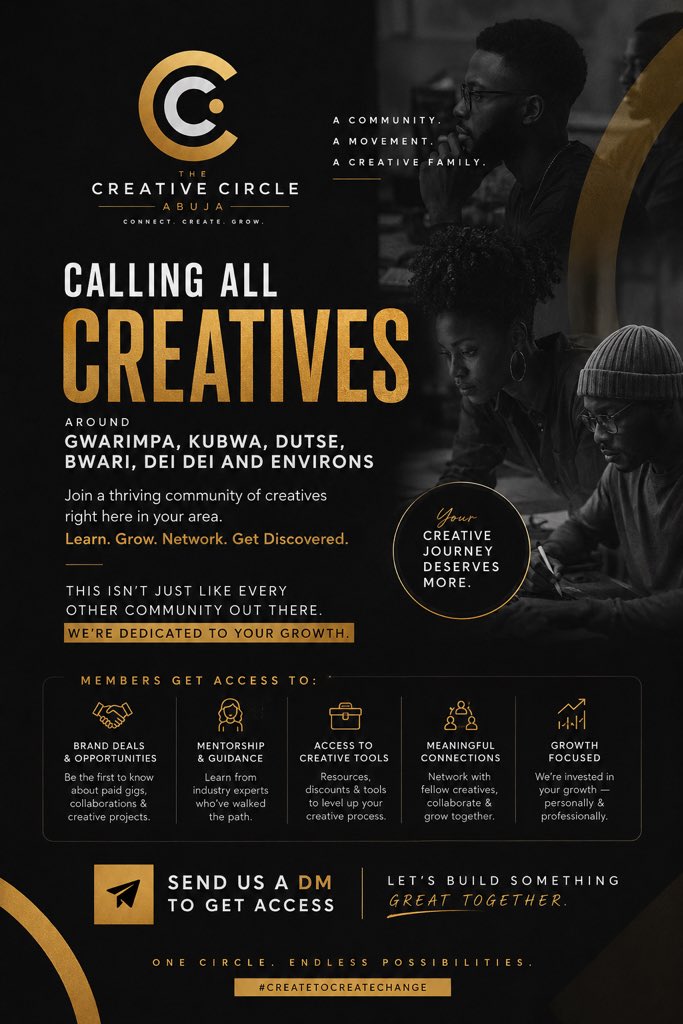 papitosme's tweet photo. 🚨 Abuja Creatives!

If you’re in Gwarimpa, Kubwa, Dutse, Bwari, Dei Dei &amp; nearby areas, we’re building a community where creatives connect, collaborate and grow.

🎯 Brand deals
🤝 Mentorship
🛠️ Creative tools

The Creative Circle

📩 DM to join. https://t.co/rT3UEalWyK
