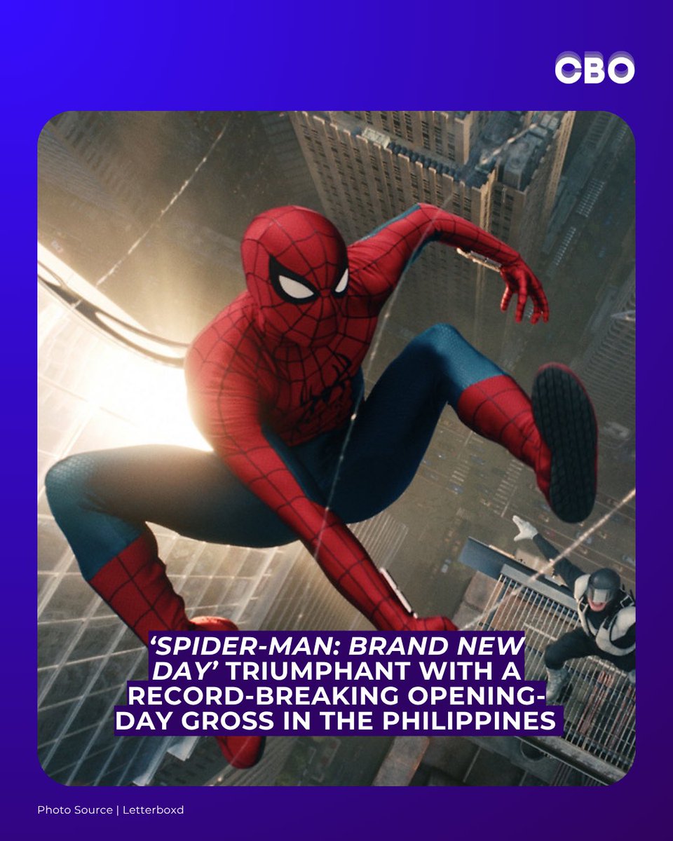 cbo_channel's tweet photo. Box Office: 'Spider-Man: Brand New Day' obliterates post-pandemic records in the Philippines with a ₱96 million opening day gross. 

Top cinemas include SM Megamall (₱2.767M), Trinoma (₱2.545M), and Power Plant Cinema (₱2.492M). Full report tonight. #SpiderManBrandNewDay https://t.co/rhvz0SyzzY