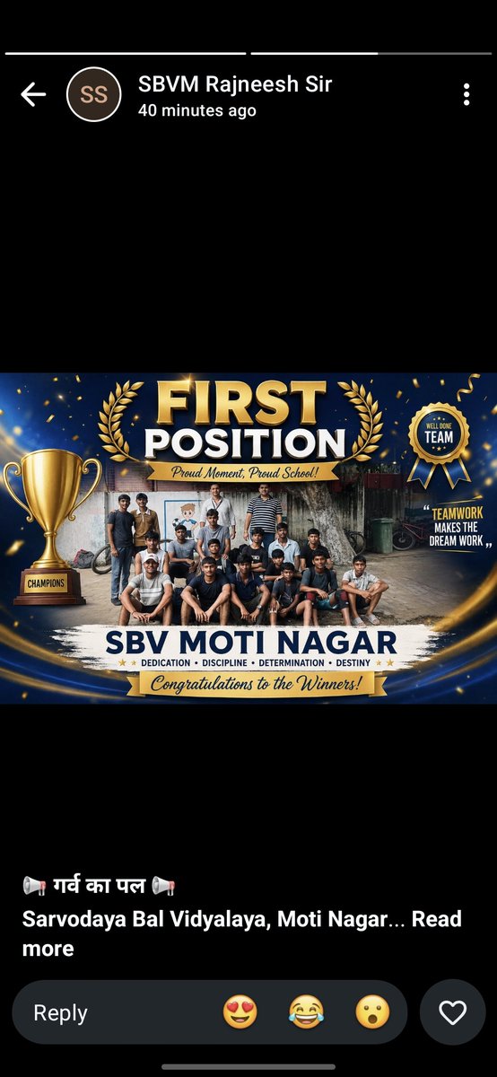 SbvMotinagar's tweet photo. 📢 *गर्व का पल* 📢  
*Sarvodaya Bal Vidyalaya, Moti Nagar*
*Zone 16  KABADDI Competition*  
🥇 *Sub Junior - GOLD MEDAL*  
🥉 *Senior - BRONZE MEDAL*
हमारे कबड्डी खिलाड़ियों ने दम, जज्बे और टीमवर्क से स्कूल का नाम रो��न किया।  
पूरी टीम, और शिक्षकों को दिल से बधाई! https://t.co/U9EN3X48Xy