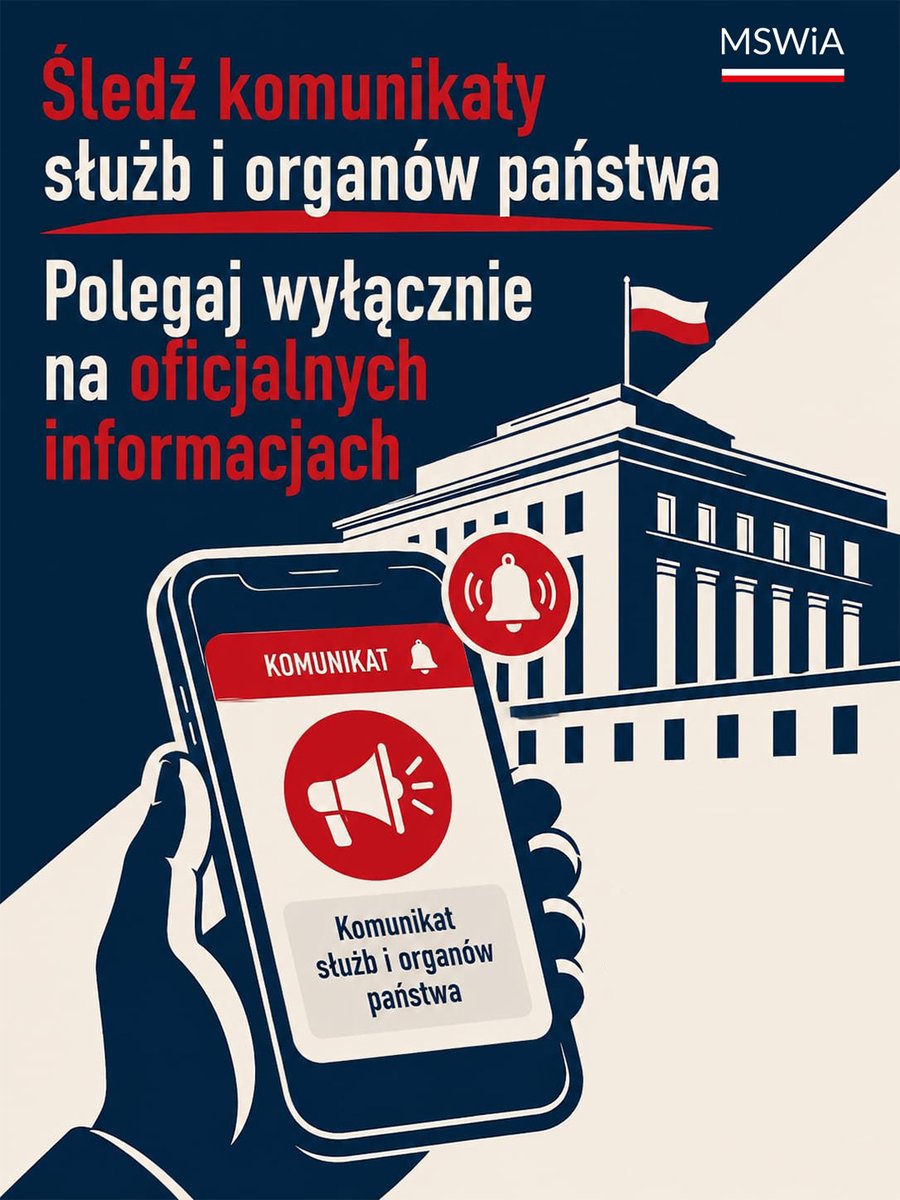 MSWiA_GOV_PL's tweet photo. 📢 W sprawdzaniu informacji kieruj się wyłącznie komunikatami wojska, służb i organów państwa. To one zawierają rzetelne informacje, aktualne zalecenia i wskazówki, które pomagają zadbać o bezpieczeństwo Twoje i Twoich bliskich.

⚠️ Nie udostępniaj niesprawdzonych informacji. Korzystaj z oficjalnych komunikatów i zachowaj czujność.