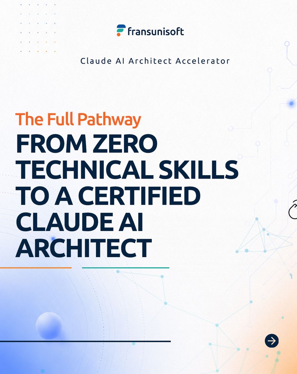 Fransunisoft's tweet photo. Zero technical skills today.

Certified Claude AI Architect in 14 weeks.

Here's the complete picture of the Claude AI Architect Accelerator—three progressive levels, one full journey. https://t.co/dbellXubMy