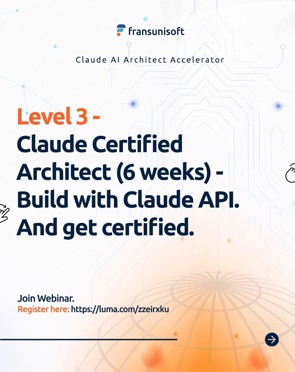Fransunisoft's tweet photo. Zero technical skills today.

Certified Claude AI Architect in 14 weeks.

Here's the complete picture of the Claude AI Architect Accelerator—three progressive levels, one full journey. https://t.co/dbellXubMy
