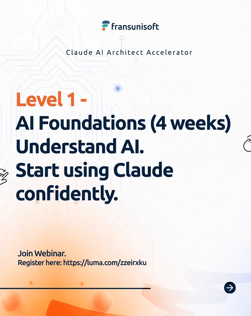 Fransunisoft's tweet photo. Zero technical skills today.

Certified Claude AI Architect in 14 weeks.

Here's the complete picture of the Claude AI Architect Accelerator—three progressive levels, one full journey. https://t.co/dbellXubMy