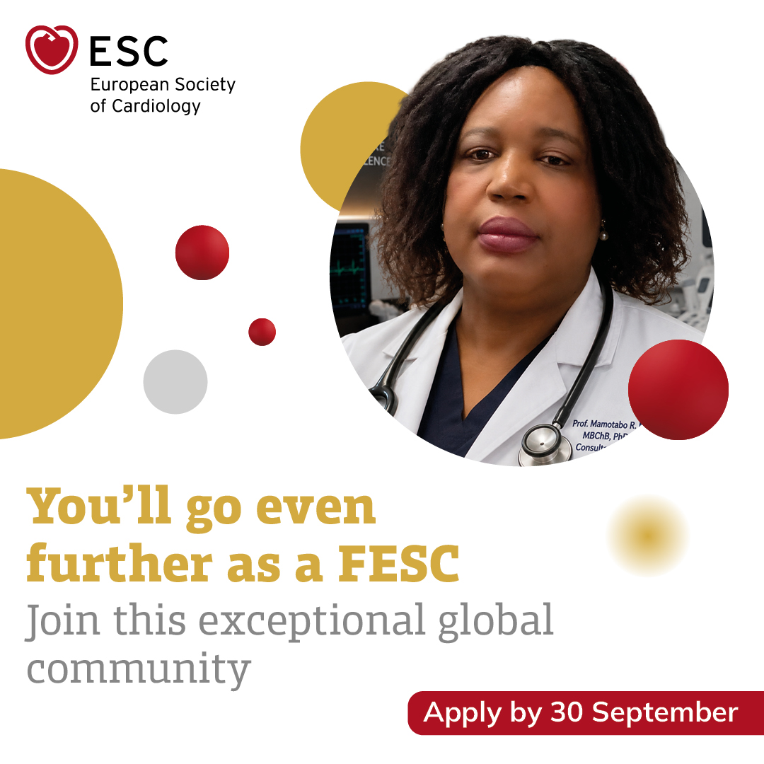 escardio's tweet photo. Recognition. Community. Leadership.

As Prof. Mamotabo Rossy Matshela reminds us, "Don't underestimate your potential or your credentials."

Becoming a Fellow of the ESC (FESC) is an opportunity to gain international recognition, connect with a global network of cardiovascular professionals, and contribute to shaping the future of cardiology.

Apply by 30 September https://t.co/DcER2JY5oo