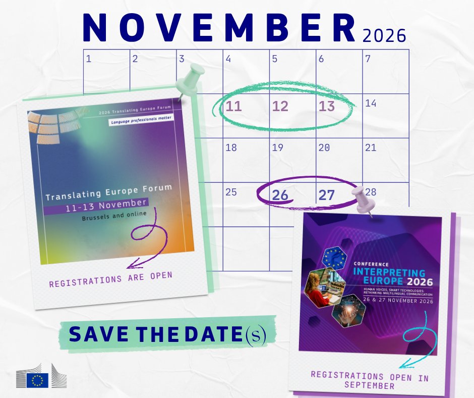 EUInterpreters's tweet photo. 🌍 Language professionals, November is our month!

Translating Europe Forum (TEF)
 📅 11–13 November 2026
 🟢 Registrations are OPEN!

Interpreting Europe Conference
 📅 26–27 November 2026
 🟡 Registrations open in September

💡 More info on our #KCTI ➡️ https://t.co/hKzzWLLZRA https://t.co/ukRZBvmPbS