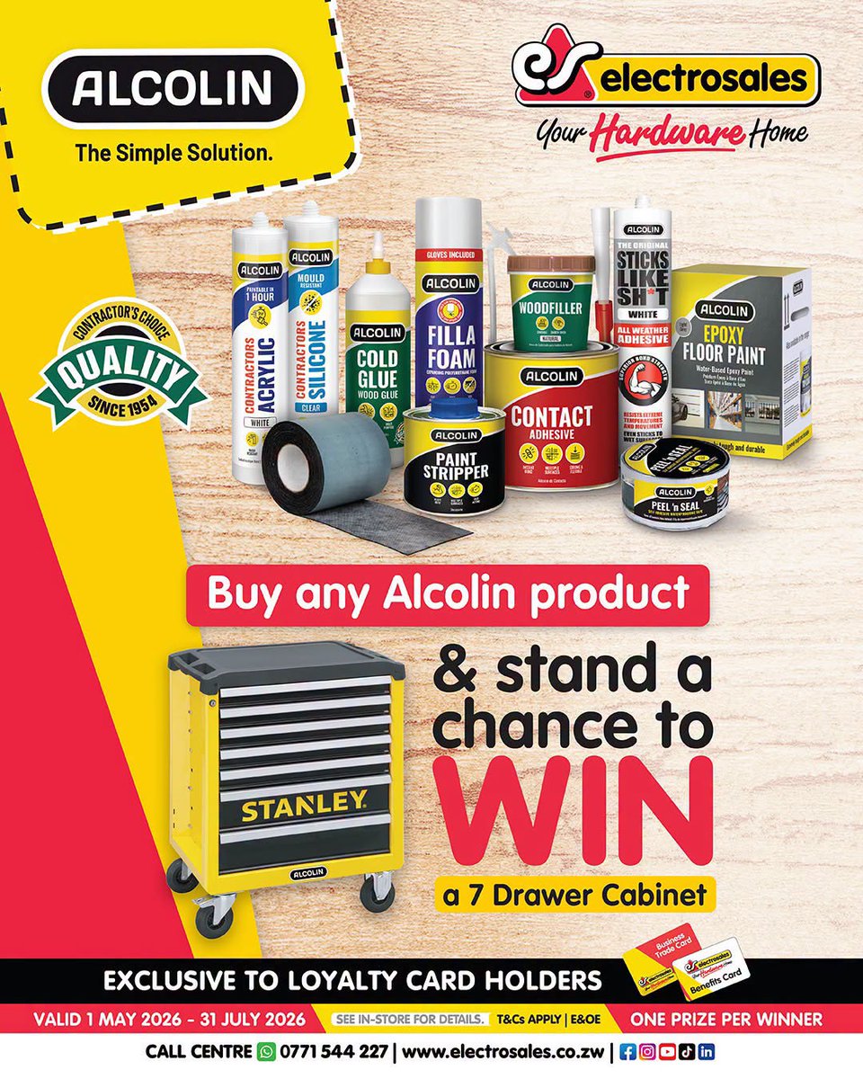 Electrosaleszw's tweet photo. ⚡ FINAL CALL! ⚡
Only 1 day left to win a Stanley 7-Drawer Cabinet with Electrosales! 🏆
Swipe your Loyalty Card when you buy any Alcolin product in-store today. Pop in before it’s too late! ⏱️
Electrosales #Alcolin #DIYProjects #StanleyTools #HomeImprovement #FinalCall https://t.co/As0LX9ft8Z