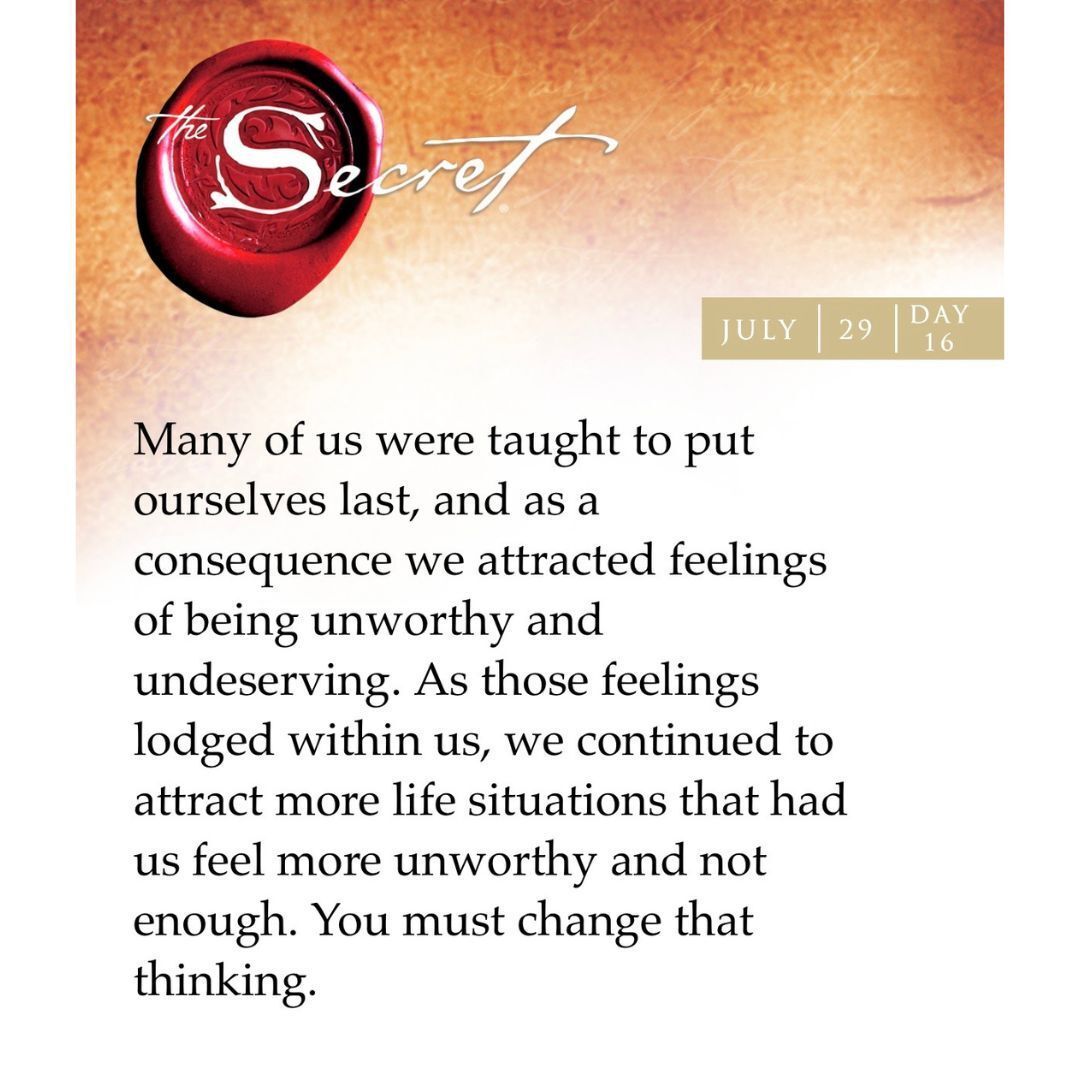 thesecret's tweet photo. "Many of us were taught to put ourselves last, and as a consequence we attracted feelings of being unworthy and undeserving. As those feelings lodged within us, we continued to attract more life situations that had us feel more unworthy and not enough. You must change that thinking." Learn this power you have to manifest your dream world with the daily wisdom from The Secret Daily Teachings App: https://t.co/53Qquf62Ng

#RhondaByrne #TheSecret #lawofattraction #loa #visualization #manifestation #askbelievereceive