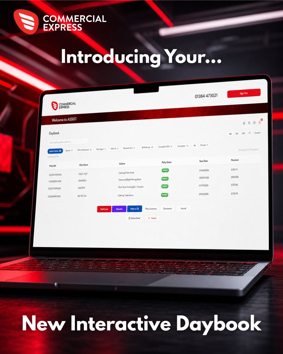 CommercialExp's tweet photo. We're making business with Commercial Express quicker, simpler and more transparent. Discover our new Interactive Daybook, giving you complete visibility of your quotes and policies, including what needs your action. Find out more: https://t.co/vGaA1N8P02 https://t.co/5vLVoSQLNh