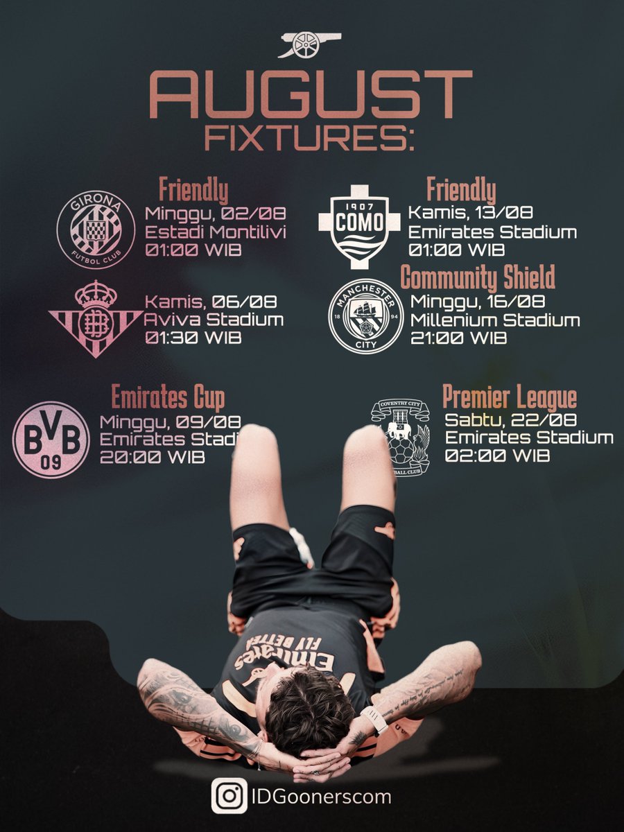 IDGoonerscom's tweet photo. Sebelum dicela-cela, dihujat-hujat, dan dihina-hina, hari ini di IDG saya sampaikan saya akan lawan! 😡🔥

Berikut jadwal Arsenal untuk bulan Agustus including trophy musiman (Emirates Cup), Community Shield, dan Premier League season 2026/27! https://t.co/9agZswoeNW