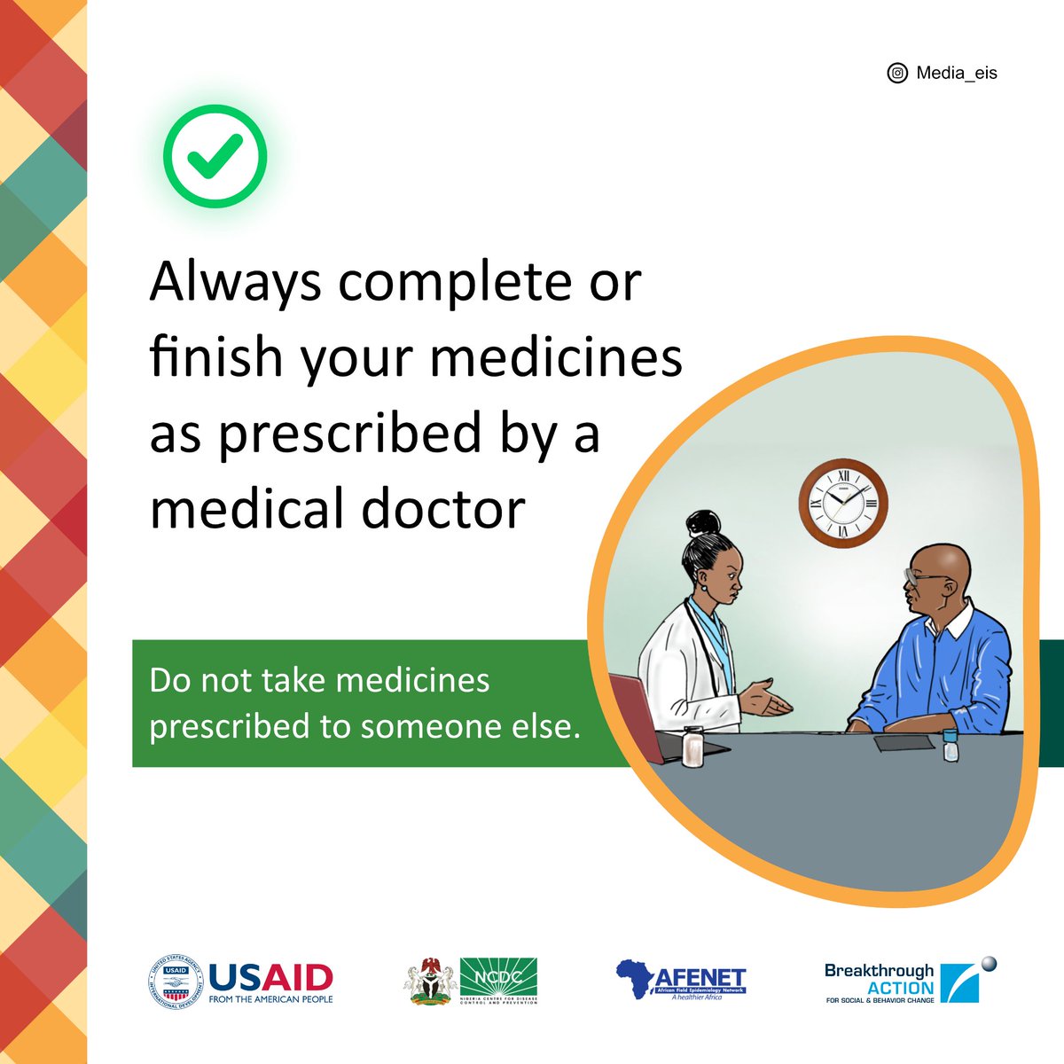 NCDCgov's tweet photo. Finish the dosage. Don't share the dose.

✔️ Take your medicines exactly as prescribed.
✔️ Complete the full course - even if you start feeling better.
❌ Never use medicines prescribed for someone else.

Responsible medicine use protects your health today and helps preserve the effectiveness of life-saving treatments for the future.

#AMR #AntimicrobialResistance #UseAntibioticsResponsibly #PatientSafety #PublicHealth #OneHealth