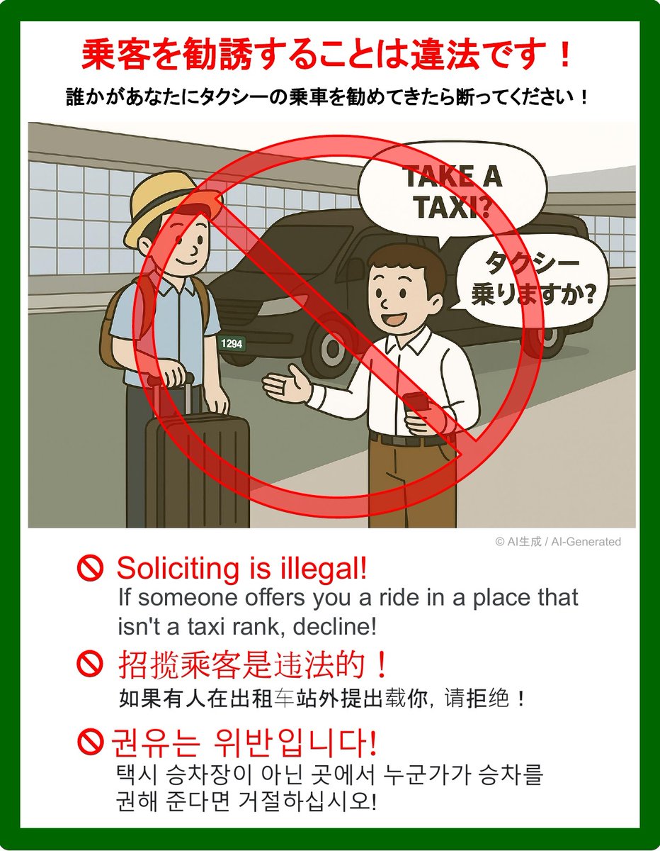 mlit_kanto_unyu's tweet photo. 羽田空港で客引き行為を行ったハイヤー事業者に対し、事業停止処分を行いました。
安全・安心のため、正規のタクシー乗り場や事前に予約したハイヤーをご利用ください。
関東運輸局は今後も関係機関と連携し、厳正に対処します。

https://t.co/84h4wuu9y1

#羽田空港 #白タク #違法ハイヤー https://t.co/o8eHX3V5hX