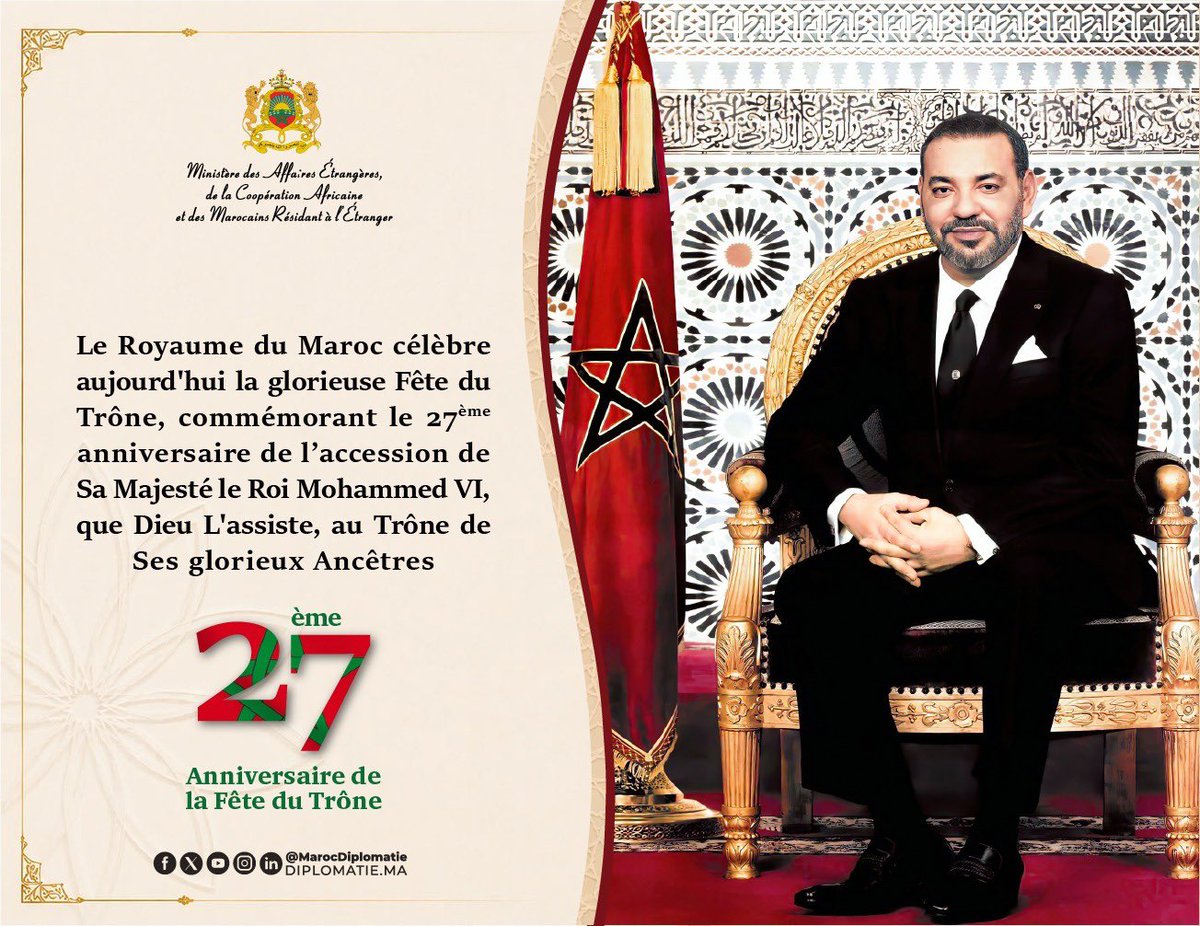 MarocDiplomatie's tweet photo. Le Royaume du Maroc célèbre aujourd'hui la glorieuse Fête du Trône, commémorant le 27ème anniversaire de l’accession de Sa Majesté le Roi Mohammed VI, que Dieu L'assiste, au Trône de Ses glorieux Ancêtres.
#Fête_du_Trône 🇲🇦 https://t.co/5naJAKN9Ks
