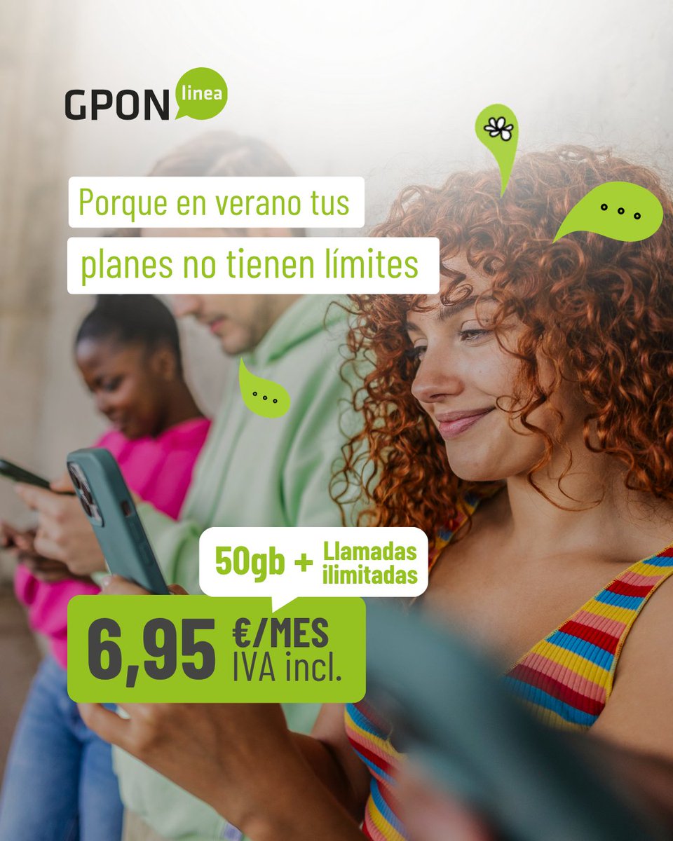 GponLinea's tweet photo. En GPON tenemos mucho que contar 💬
📱Llamadas ilimitadas + 6,95€/mes con IVA incluido
Disfruta de un verano sin límites
 
No te lo puedes perder
📞 956 762 034
.
.
#gpon #movil #tarifas #lalineadelaconcepcion #telefonia #gponlinea https://t.co/nAu9IX7UEe