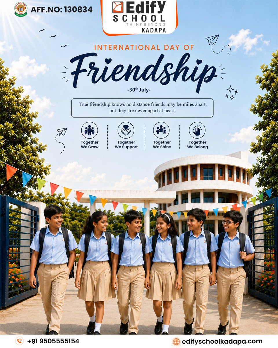 EdifyKadapa's tweet photo. True friendship knows no distance - friends may be miles apart, but never apart at heart. This International Day of Friendship, Edify School Kadapa celebrates the bonds that help us grow, support, shine and belong together! 🤝

#InternationalDayOfFriendship #FriendshipDay https://t.co/85ZKfV3IQY