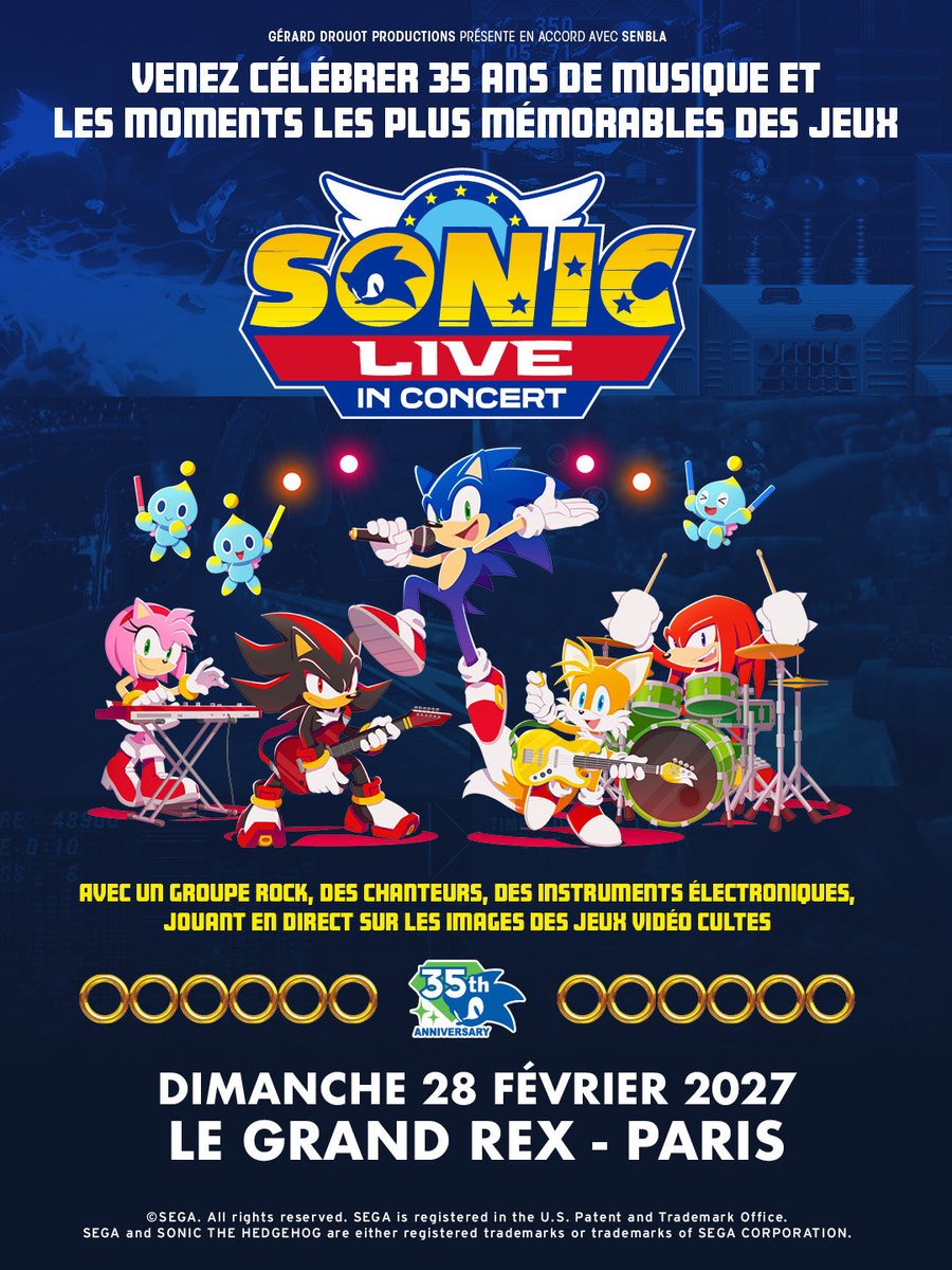 GDP's tweet photo. OUVERTURE BILLETTERIE - Sonic Live In Concert fonce à toute allure sur Paris, au Grand Rex, le 28 février 2027 ! Revivez les moments emblématiques de vos jeux préférés @sonic_hedgehog, accompagnés de la musique culte interprétée en live par un groupe réunissant des musiciens rock, des instruments électroniques et des chanteurs, pour une célébration des 35 ans de la franchise. 
🎫 Les billets sont en vente dès maintenant. 
Réservez le plus tôt possible pour trouver les meilleures places sur https://t.co/V5j4gQNbdf !