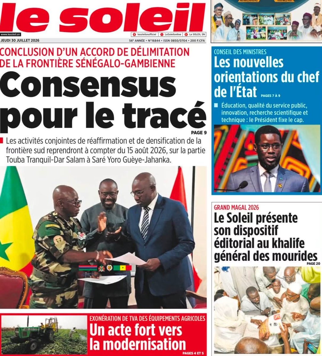 Mo_Njaay's tweet photo. #RevueDePresseSn du Jeudi 30 Juillet 2026. Agréable journée à toutes et à tous. #Senegal,#SudQuotidien,#LeSoleilSn,#YoorYoorbi #VoxPopuliSn https://t.co/C7gNfwQPz7