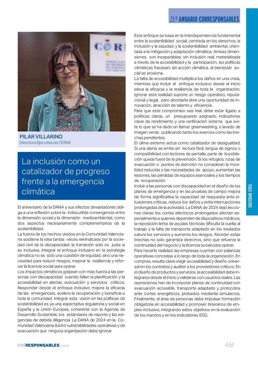 Corresponsables's tweet photo. 📌 Descubre la tribuna de #CERMI en el Anuario Corresponsables 21 👉 https://t.co/mVeU1VSnDV
🎙️ PILAR VILLARINO VILLARINO , Directora Ejecutiva de CERMI, comparte su visión sobre la inclusión como catalizador de progreso frente a la emergencia climática.
🌍 "El clima extremo actúa como catalizador de desigualdad. Si una alerta se emite sin lectura fácil, lengua de signos o compatibilidad con lectores de pantalla, parte de la población queda fuera de la prevención."
💪 CERMI destaca la importancia de integrar la inclusión en la estrategia climática, asegurando que las personas con discapacidad no sean las más vulnerables frente a la crisis climática.
📊 La organización resalta que la inclusión debe ser un principio transversal en todas las políticas de sostenibilidad, integrándose tanto en la gestión de los impactos climáticos como en los procesos de evacuación y servicios críticos.
🔗 "Incluir a las personas con discapacidad en el diseño de los planes de emergencia y en las pruebas de campo mejora significativamente la capacidad de respuesta ante situaciones críticas."
#Corresponsables #21AnuarioCorresponsables #CERMI #Sostenibilidad #InclusiónSocial #EmergenciaClimática #Discapacidad #DerechosHumanos #AdaptaciónClimática #RSC