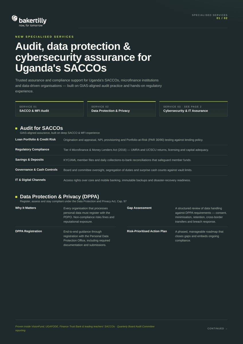 bakertillyug's tweet photo. We are pleased to inform you that we have strengthened our capacity to offer specialized services in SACCO Audit, Data Protection and Privacy, Cybersecurity, and IT Assurance. Contact us for more information. https://t.co/Q8HUKd5HOL