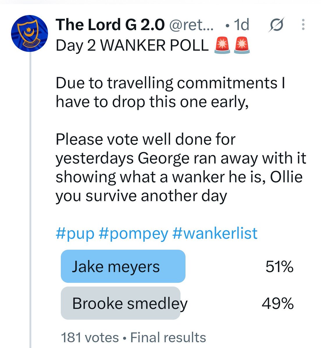 jakemeyers2015's tweet photo. "plucky underdog narrowly defeats nailed on, highly anticipated winner in knockout shocker!" 

#Pompey #WankerList https://t.co/bMJTBRn7ls