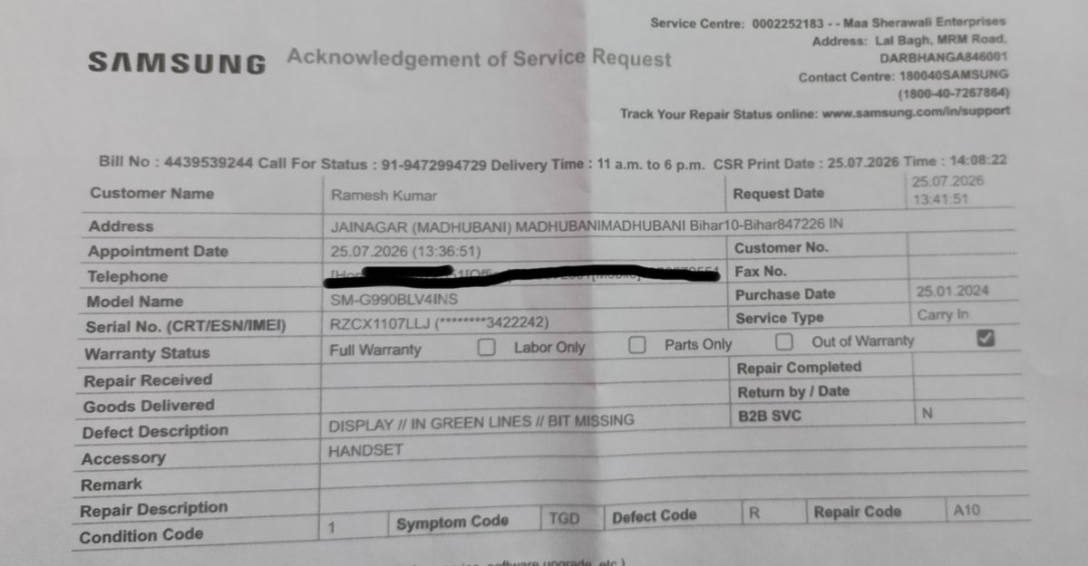 aditya__ramesh's tweet photo. @SamsungIndia @SamsungSupport Pls help! Submitted my S21 FE at Darbhanga ASC on 25th July (Job Sheet: 4439539244) for screen green line issue. 3rd Aug morning I have my train to Odisha for IIMC admission.servive  Center says HO approval pending. Pls approve &amp; repair urgently! https://t.co/gvmo1Db5Pg