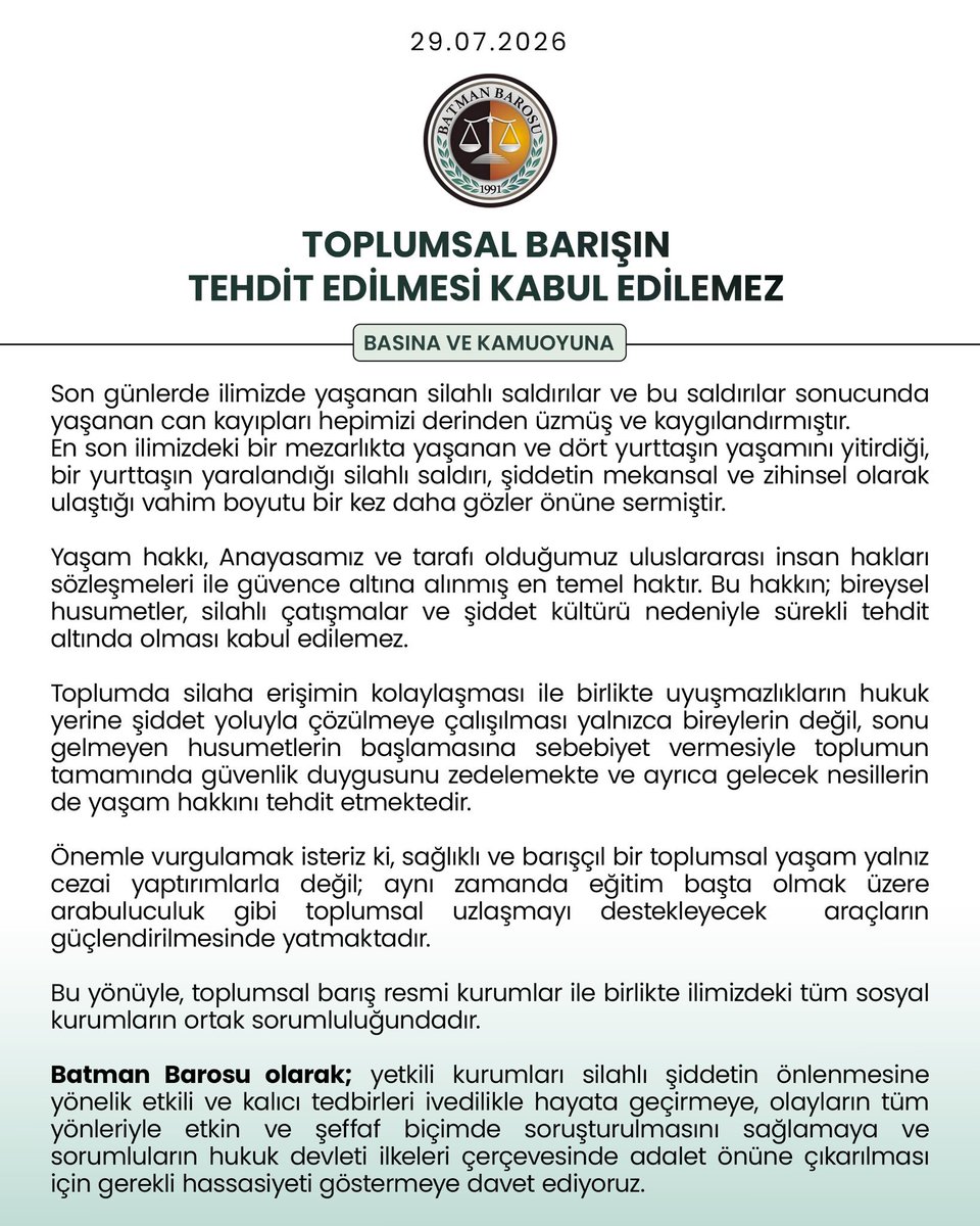 metinyoksu's tweet photo. Batman Barosu kentte artan silahlanmaya ve ölümlere ilişkin açıklama: Toplumsal barışın tehdit edilmesi kabul edilemez. https://t.co/v7g8dqdJOk