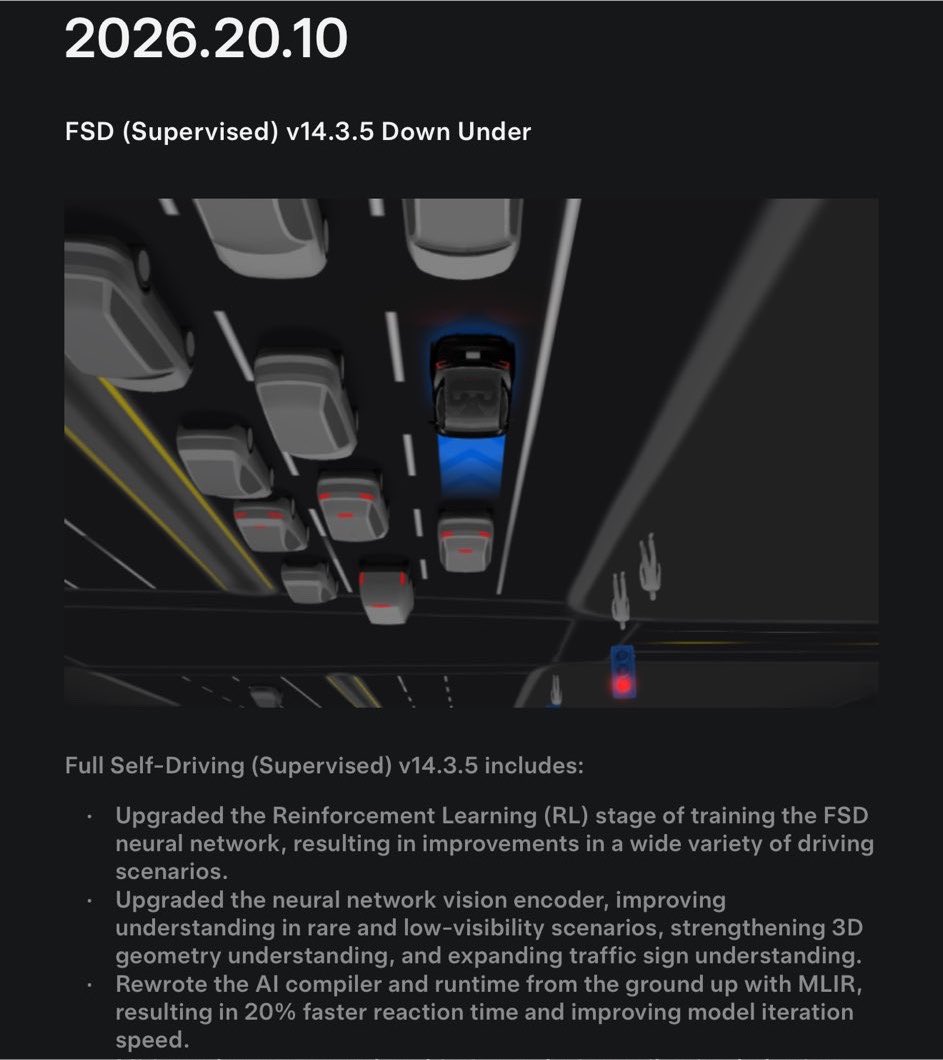 TeslaNewswire's tweet photo. 🔥🇦🇺🇳🇿 Tesla FSD (Supervised) v14.3.5 Down Under is now rolling out to the 2nd batch of owners in Australia and New Zealand with the 2026.20.10 software update! https://t.co/OVx2nO5bGW