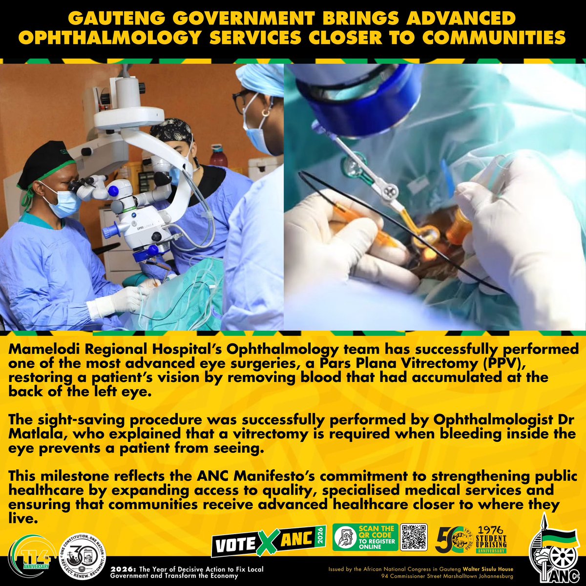 GautengANC's tweet photo. The ANC-led Gauteng Government is expanding access to specialised healthcare, with Mamelodi Regional Hospital successfully performing a Pars Plana Vitrectomy (PPV) to restore sight and bring advanced medical care closer to communities, in line with the ANC Manifesto. #ANCGPatWork https://t.co/lp3stP3hnX