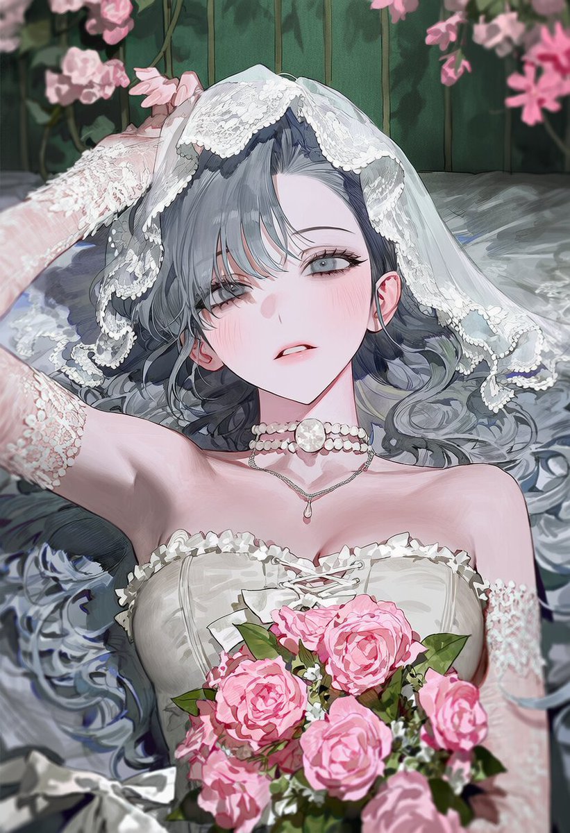 9ookwa's tweet photo. front view, upper body, lying, on back, arm up, head tilt, looking at viewer, parted lips, holding bouquet, sheer ivory tulle bridal veil, off-shoulder ivory satin dress, white ruffled trim, white ribbon bow, sheer white lace elbow gloves, cream pearl choker, thin silver chain necklace, teardrop pendant, pastel pink rose bouquet, green rose leaves, pastel pink lisianthus hanging from above, blurry foreground, deep muted green wall, indoors, soft diffused lighting, depth of field, film grain, muted colors