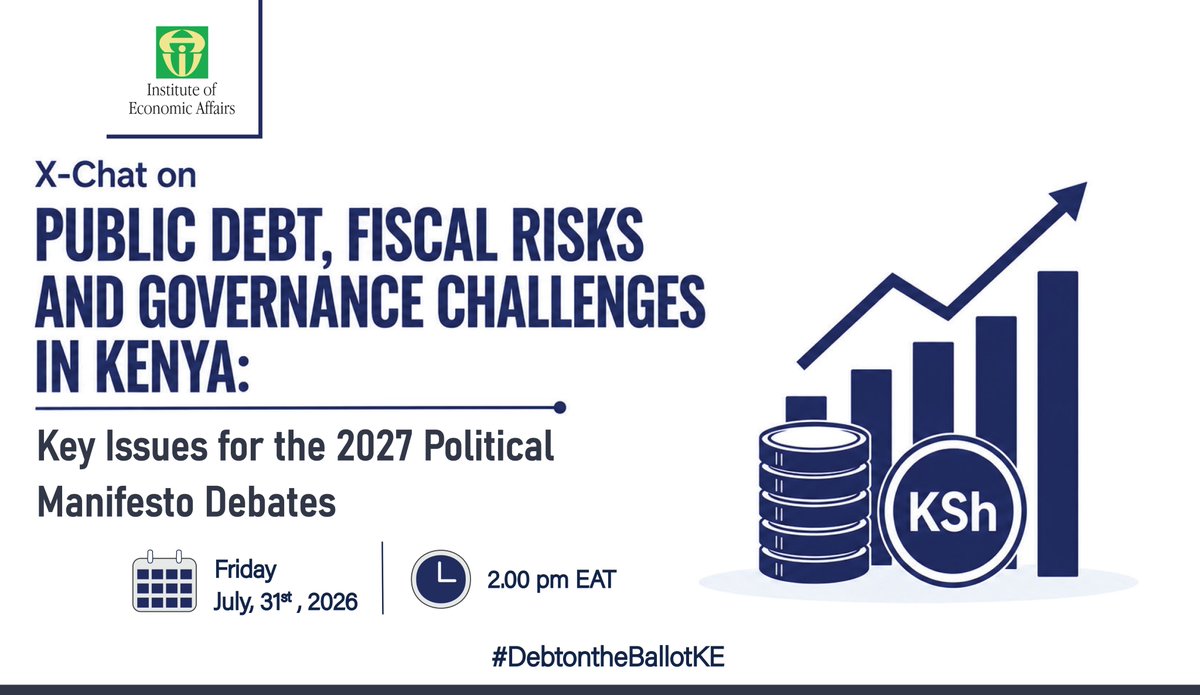 IEAKenya's tweet photo. KSh 12.9 trillion in debt. Who bears the cost? Who holds the power? And what should 2027 manifestos promise?

These aren't just numbers - they're about governance, accountability, and the future of Kenya. @MwangoCapital @MzalendoWatch @OkoaUchumi_KE @IEAKwame @ELGIA_Africa @UKinKenya @NDI @TIKenya @youthagenda254 @UraiaTrust @fidakenya @CMDKenya @elogkenya

Let’s talk solutions. 

Join our Xchat TOMORROW:📅 Fri 31st July | 2:30 PM
🏷️ #DebtontheBallotKE #KISP #IssueBasedPolitics