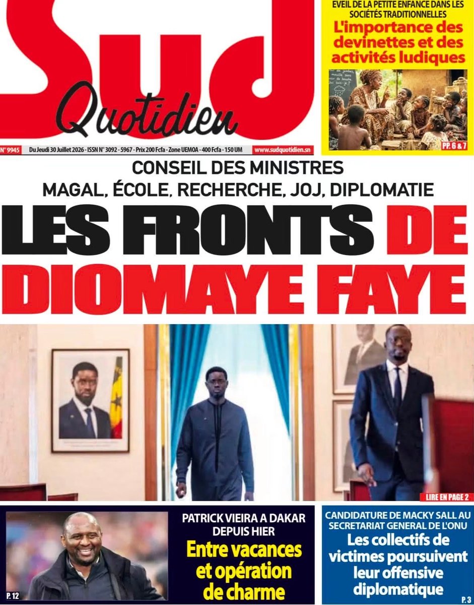 Mo_Njaay's tweet photo. #RevueDePresseSn du Jeudi 30 Juillet 2026. Agréable journée à toutes et à tous. #Senegal,#SudQuotidien,#LeSoleilSn,#YoorYoorbi #VoxPopuliSn https://t.co/C7gNfwQPz7
