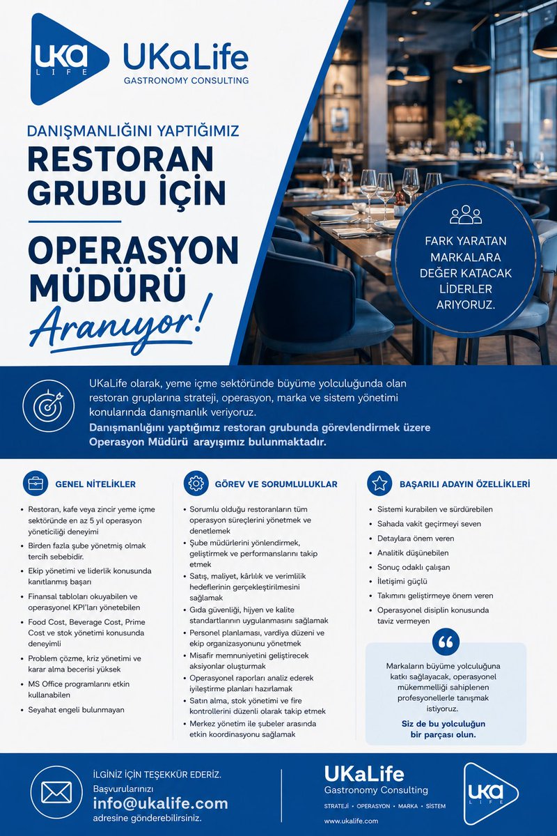 ukalifecom's tweet photo. 📢 Operasyon Müdürü Arıyoruz!

UKaLife olarak danışmanlığını yürüttüğümüz restoran grubunda görevlendirilmek üzere, operasyonel süreçleri başarıyla yönetebilecek Operasyon Müdürü arıyoruz. https://t.co/dA18DK1JE6