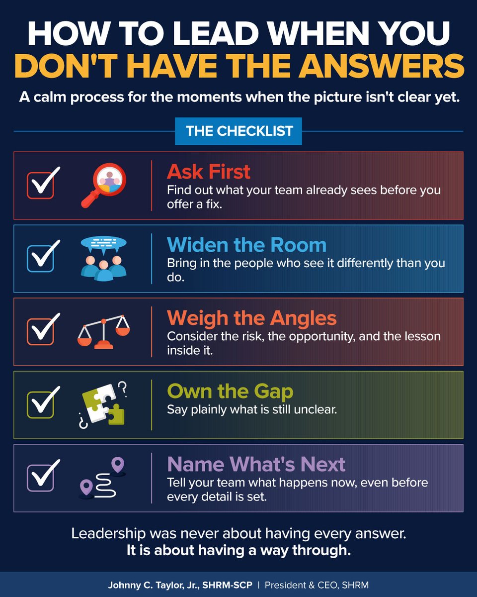 JohnnyCTaylorJr's tweet photo. "I do not know" is one of the hardest things for a leader to say out loud.

The leaders holding up right now are not the ones with more answers. They have a process their team can see and trust.

Your people can handle an honest gap. They cannot handle silence. https://t.co/gWTy6tALkR