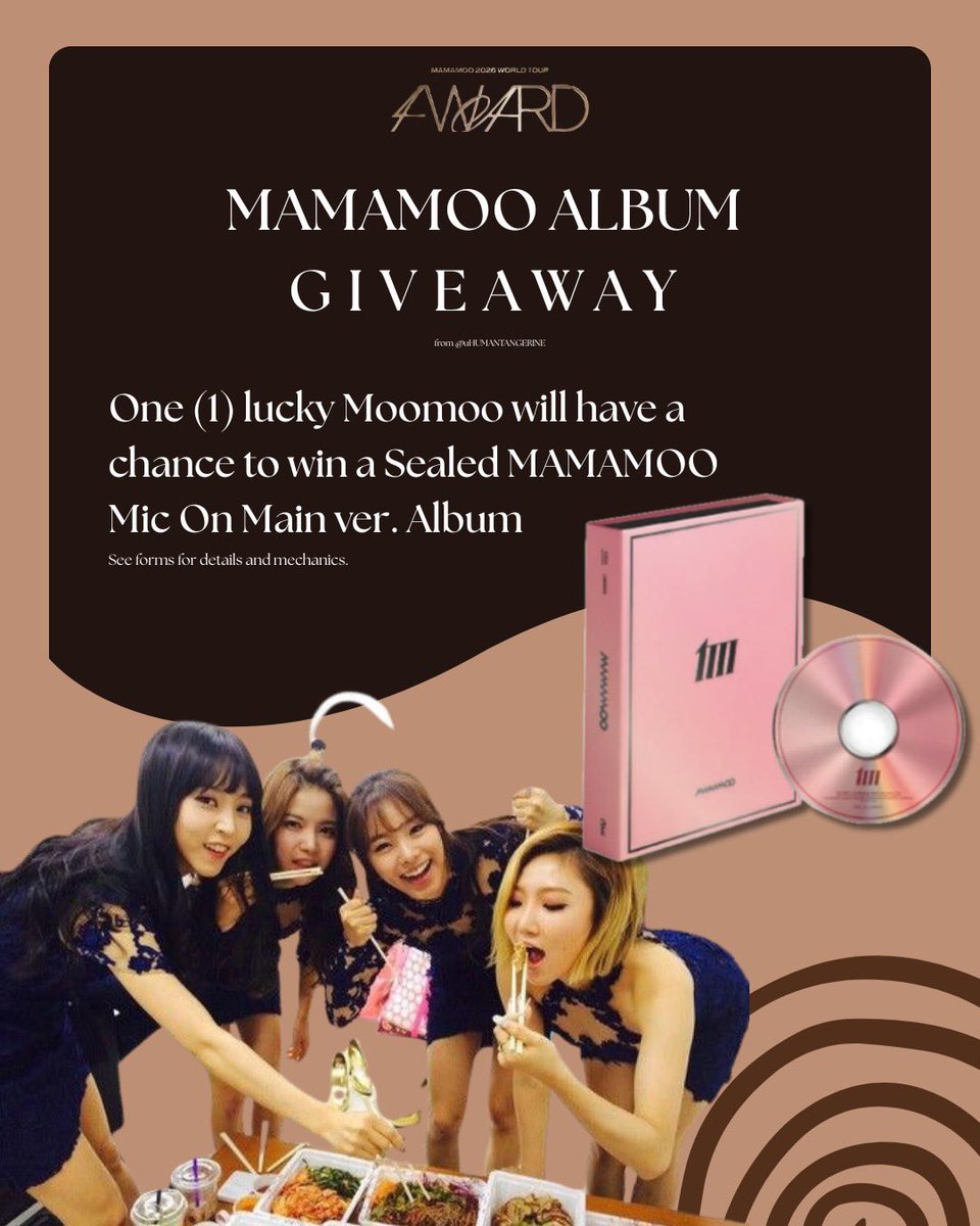 uHUMANTANGERINE's tweet photo. ── .✦ 4WARD IN MANILA ALBUM GIVEAWAY from @uHUMANTANGERINE 

✰.ᐟ retweet &amp; like 
✰.ᐟ mbf, follow @BigSeoulPH too <3
✰.ᐟ join here: https://t.co/Vtn5vlYpYr

Form closes on August 5, 2026 at 11:59 PM.

#MAMAMOOinPH #4WARDinMNL #MAMAMOO #4WARDinManila https://t.co/plneJxtTlQ