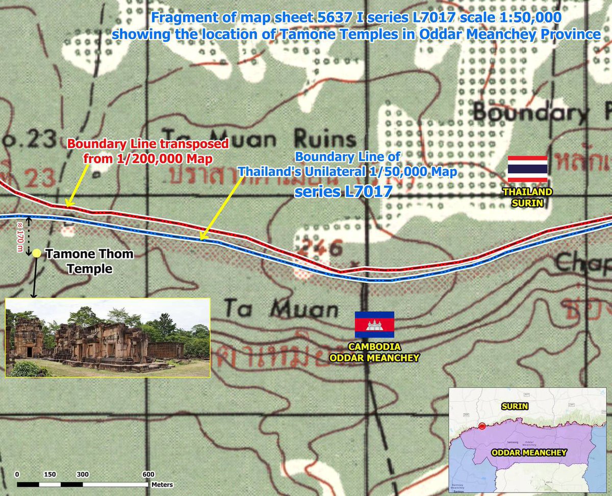 MinistryofInfo1's tweet photo. មន្ត្រីរដ្ឋលេខាធិការដ្ឋានកិច្ចការព្រំដែន៖ ប្រាសាទតាមាន់ធំ ស្ថិតក្នុងទឹកដីកម្ពុជាបើយោងតាមផែនទីមាត្រដ្ឋាន ១/២០០ ០០០ និងកំណត់ហេតុ (PV) បោះបង្គោលរបស់គណៈកម្មការឥណ្ឌូចិន-សៀម ឆ្នាំ១៩០៨ និង ១៩១៩ និងយោងតាមផែនទី L7017 មាត្រដ្ឋាន ១/៥០ ០០០ ដែលថៃគូសដោយឯកតោភាគី

State Secretariat of Border Affairs Official: Tamone Thom Temple Lies Within Cambodian Territory Based on the 1:200,000 Scale Map, the 1908 and 1919 Indochina–Siam Commission Boundary-Marking Minutes (PV), and Thailand’s Unilaterally Drawn 1:50,000 Scale L7017 Map