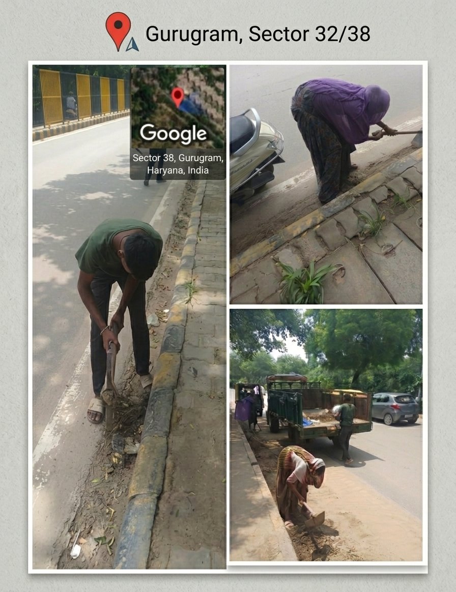 OfficialGMDA's tweet photo. GMDA field teams are carrying out cleaning of drainage spouts and roadside channels along the Sector 32/38 master dividing road, ensuring smooth stormwater flow and improving drainage efficiency ahead of future rainfall.

#GMDA #Gurugram #DrainageMaintenance #StormwaterManagement #RoadSafety #MonsoonPreparedness #CityMaintenance