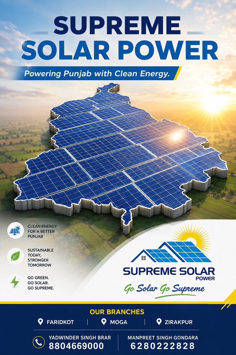 mangondara's tweet photo. ☀️ Powering Punjab with clean energy!
Switch to solar with Supreme Solar Power and save on electricity while building a greener future.

📍 Faridkot | Moga | Zirakpur

📞 8804669000 | 6280222828

Go Solar. Go Supreme.
#SolarEnergy #Punjab #CleanEnergy #GoSolar #SupremeSolarPower https://t.co/7uyPOQGWlL