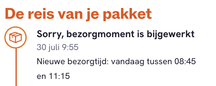 wrnrt's tweet photo. Back to the future, bij @PostNL kan het. Om 09:55 melden dat het pakket vanaf 08:45 (!) geleverd kan worden. https://t.co/rF0pLrh69v