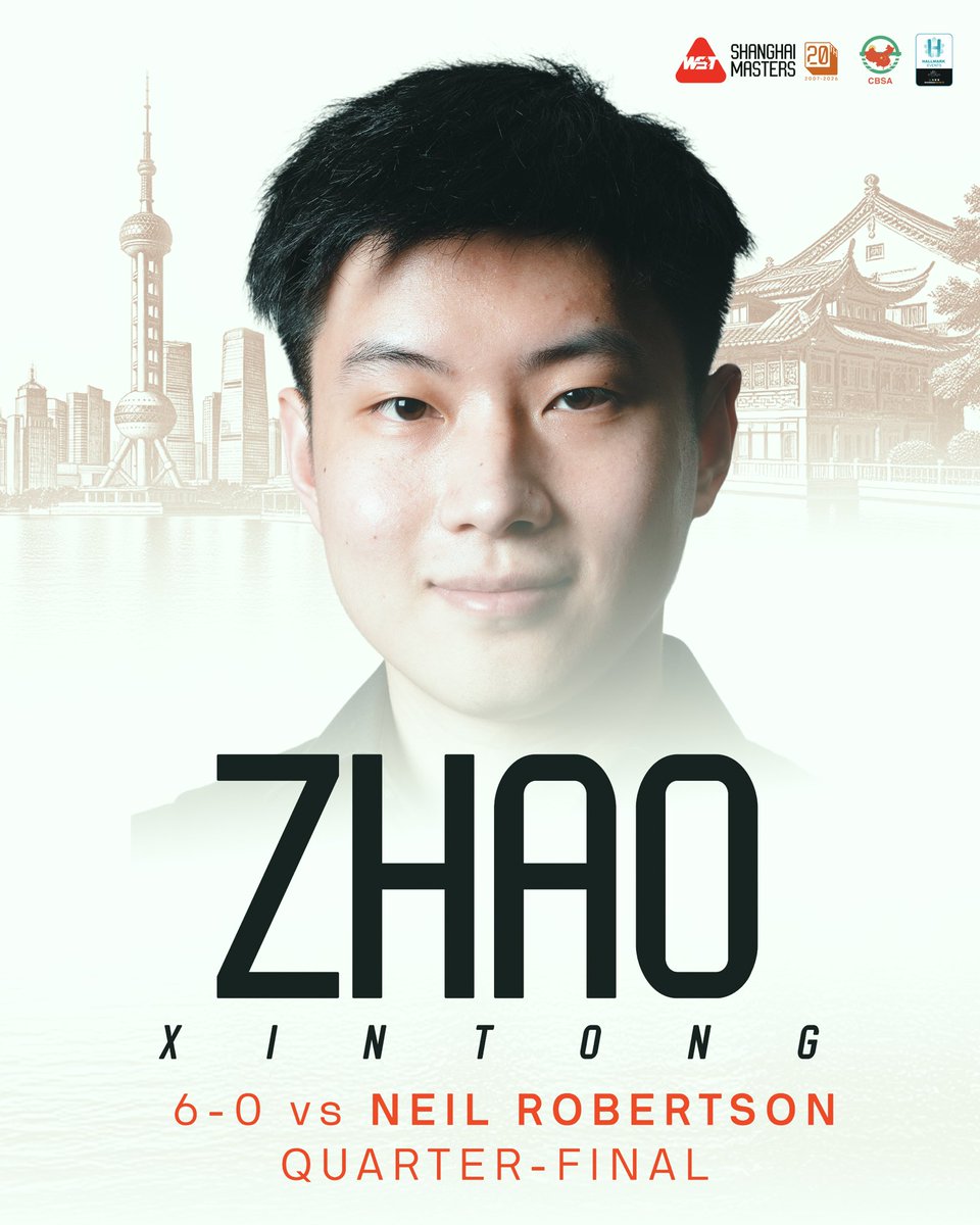 WeAreWST's tweet photo. WHITEWASH COMPLETED! 🤯

Zhao Xintong is our first semi-finalist with a 6-0 whitewash of Neil Robertson.

A simply incredible performance!

#ShanghaiMasters https://t.co/WbDwViij1Z
