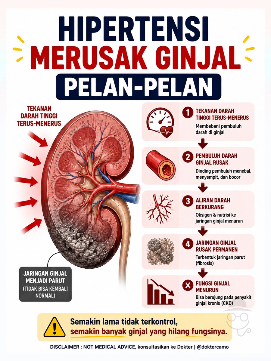 doktercamo's tweet photo. BACA CAPTION ‼️🫵

Kerusakan karena hipertensi sering terjadi tanpa gejala. Banyak orang merasa baik-baik saja, padahal pembuluh darah kecil di ginjal sudah mulai rusak sedikit demi sedikit. Makanya hipertensi sering dijuluki silent killer. 

Yang lebih membuat saya sedih, banyak pasien berhenti kontrol karena: 
💊 "Obatnya bikin ketergantungan." 
😊 "Saya sudah tidak pusing." 
💸 "Nanti saja kalau ada uang." 
📅 "Lagi sibuk."

Akibatnya? Bukan cuma risiko penyakit ginjal kronis yang meningkat, tapi tekanan darah juga bisa menjadi semakin sulit dikontrol seiring waktu. 

Kalau dokter memberikan obat, tujuannya bukan sekadar menurunkan angka di tensimeter. Tujuannya adalah melindungi ginjal, jantung, otak, mata, dan pembuluh darah agar tetap berfungsi selama bertahun-tahun ke depan. 

Jadi jangan tunggu sampai muncul gejala. Saat hipertensi sudah bergejala, sering kali kerusakannya sudah berjalan cukup lama. ☝️

#hipertensi #gagalginjal #sakitjantung #ginjalbocor #tanyadoktercamo
