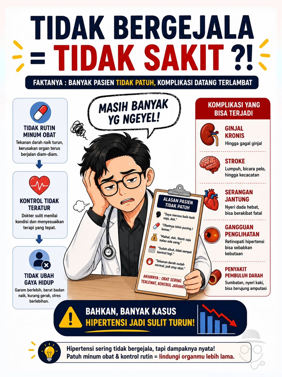 doktercamo's tweet photo. BACA CAPTION ‼️🫵

Kerusakan karena hipertensi sering terjadi tanpa gejala. Banyak orang merasa baik-baik saja, padahal pembuluh darah kecil di ginjal sudah mulai rusak sedikit demi sedikit. Makanya hipertensi sering dijuluki silent killer. 

Yang lebih membuat saya sedih, banyak pasien berhenti kontrol karena: 
💊 "Obatnya bikin ketergantungan." 
😊 "Saya sudah tidak pusing." 
💸 "Nanti saja kalau ada uang." 
📅 "Lagi sibuk."

Akibatnya? Bukan cuma risiko penyakit ginjal kronis yang meningkat, tapi tekanan darah juga bisa menjadi semakin sulit dikontrol seiring waktu. 

Kalau dokter memberikan obat, tujuannya bukan sekadar menurunkan angka di tensimeter. Tujuannya adalah melindungi ginjal, jantung, otak, mata, dan pembuluh darah agar tetap berfungsi selama bertahun-tahun ke depan. 

Jadi jangan tunggu sampai muncul gejala. Saat hipertensi sudah bergejala, sering kali kerusakannya sudah berjalan cukup lama. ☝️

#hipertensi #gagalginjal #sakitjantung #ginjalbocor #tanyadoktercamo