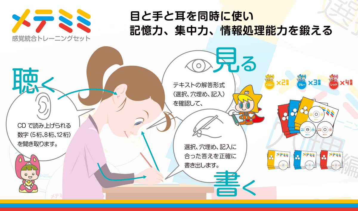 mentaltrainings's tweet photo. ★セール好評実施中★
情報処理力、集中力、記憶力アップ
◎メテミミ感覚統合トレーニングセット【イエロー：2倍速】
※ブルー：3倍速、レッド：4倍速
https://t.co/gbSjFHd0k4

入力 → 思考 → 出力を早く正確に！倍速で読み上げられる数字を3種類の解答用紙に正しく記入するシンプルな取組みです。 https://t.co/w4RLI5FrNH